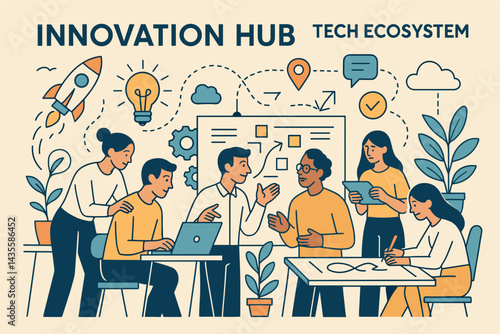 Innovation hub and tech ecosystem. Vector illustration of startups collaborating and creating. Great for incubators, co-creation, and creative spaces.