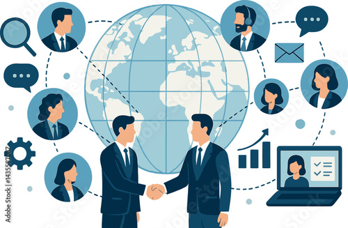 Business networking and global connection. Vector illustration of partnerships, online collaboration, and global outreach. Great for international brands and virtual events.