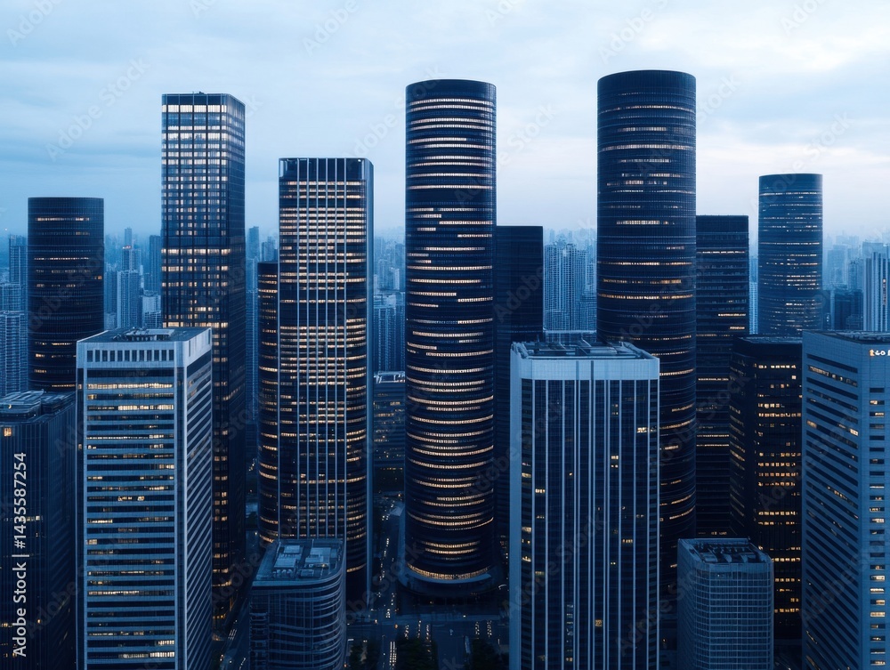 Obraz premium A panoramic twilight view of a dense cityscape, skyscrapers illuminated, showcasing modern architecture and urban density
