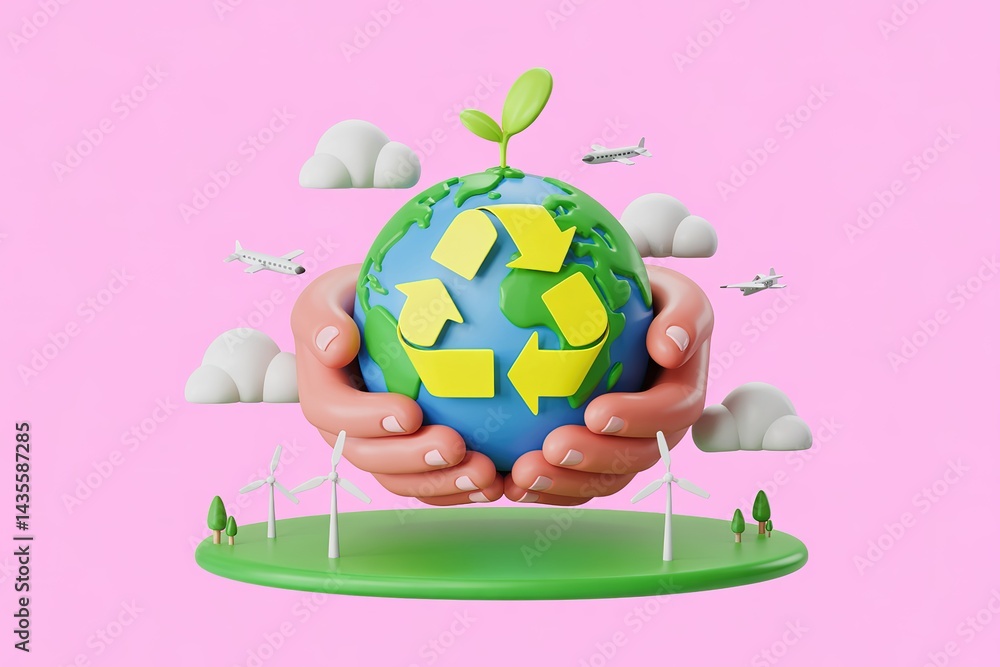 Fototapeta premium Cartoon Earth in Hands with Recycling Symbol, Airplanes, Windmills on Pink