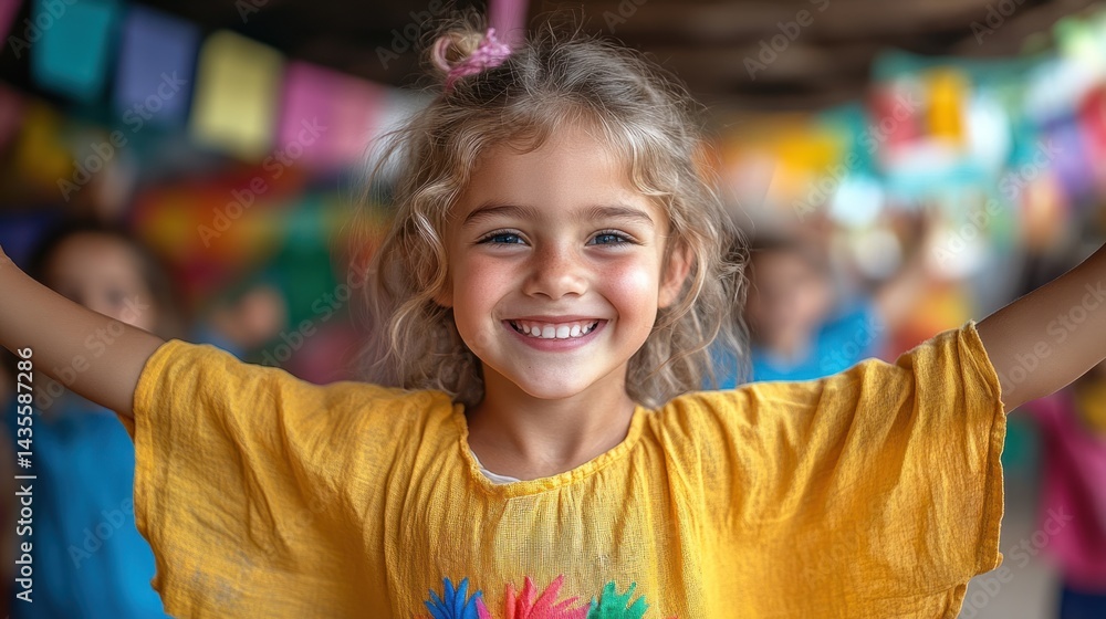 Happy girl smiling with arms outstretched at colorful background. Happy girl smiling with arms outstretched at colorful background.