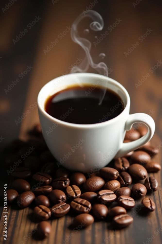Fragrant coffee, white cup, roasted beans scattered, texture, dark roast, energy Fragrant coffee, white cup, roasted beans scattered, texture, dark roast, energy