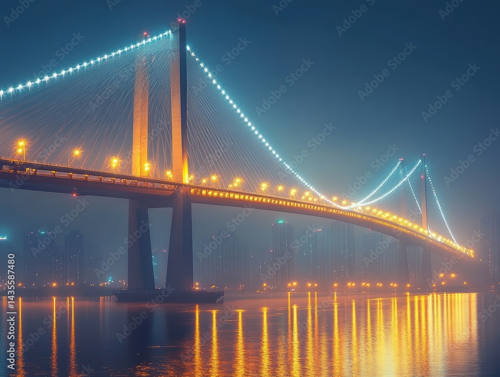 Fototapeta premium Night view of a illuminated bridge over a river with city skyline reflections