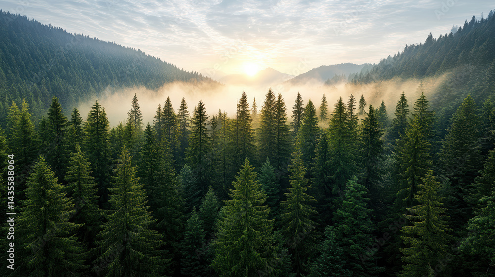Fototapeta premium Majestic pine forest bathed in golden hour light, with fog rolling through trees