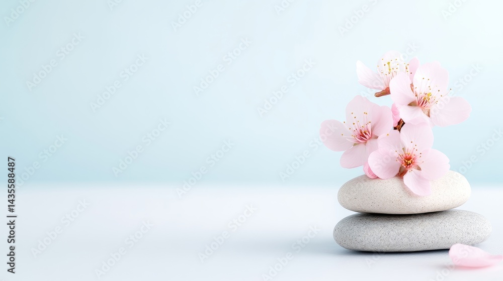 Stacked Stones Pink Blossoms Minimalist Style High-resolution Soft Lighting Horizontal Close-up View Smooth Textures Tranquility Concept Light Blue Background Serene Pastels Wellness Branding Stacked Stones Pink Blossoms Minimalist Style High-resolution Soft Lighting Horizontal Close-up View Smooth Textures Tranquility Concept Light Blue Background Serene Pastels Wellness Branding