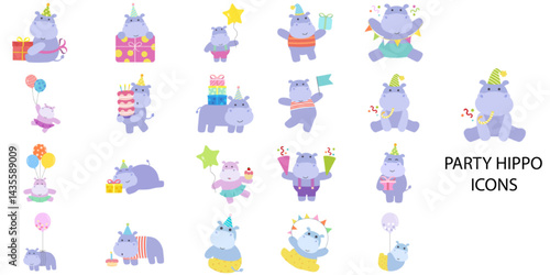 Party Hippo simple concept 24 hand drawn color icons set. Contains such hippo, cartoon, character, celebration .Vector illustration.