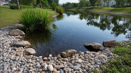 A clear pond reflects the soft morning light, its edges lined with smooth decorative pebbles.

