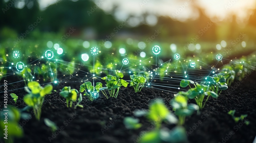 Smart agriculture technology growing green plants in soil eco iot crop data field seeds yield rural Smart agriculture technology growing green plants in soil eco iot crop data field seeds yield rural