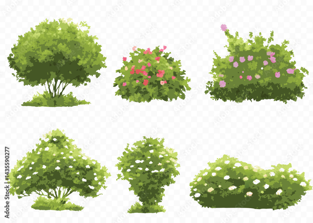 Fototapeta premium Six Watercolor Style Bush and Shrub Illustrations