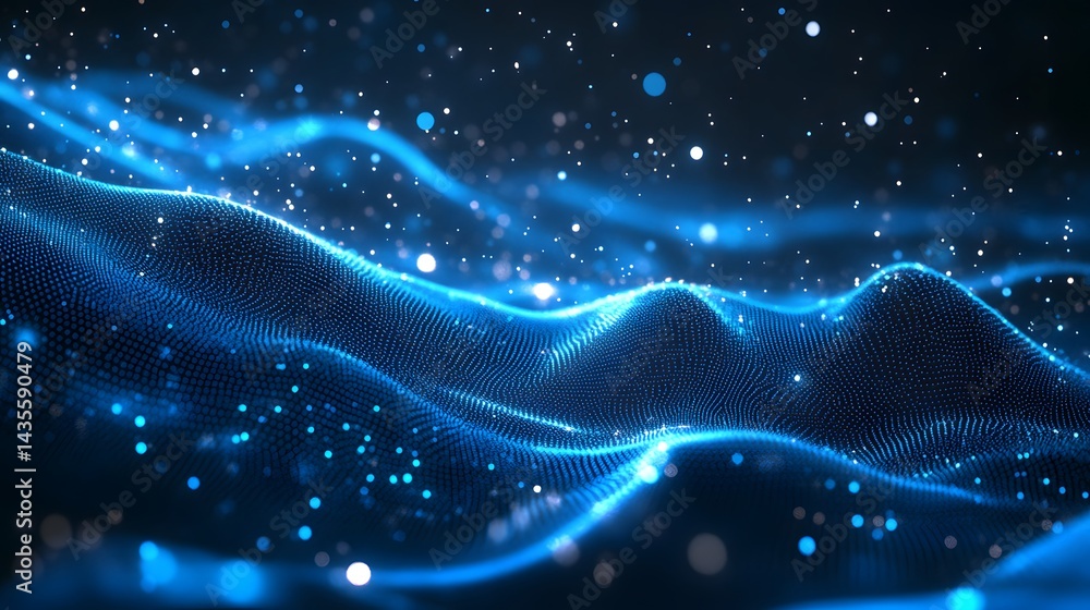A captivating digital landscape unfolds with rolling hills of vibrant blue dots, creating depth and texture. Ethereal bokeh lights enhance the futuristic atmosphere. Abstract wireframe in dark blue. A captivating digital landscape unfolds with rolling hills of vibrant blue dots, creating depth and texture. Ethereal bokeh lights enhance the futuristic atmosphere. Abstract wireframe in dark blue.