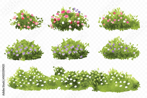 Nine Watercolor Bush Illustrations with Flowers