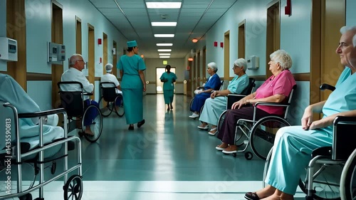 Nursing home hallway with elderly residents in wheelchairs and healthcare workers assisting in a modern medical facility.


