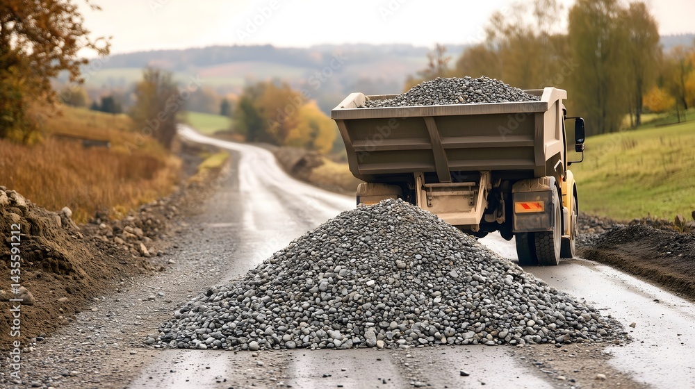 Gravel pours from the back of a dump truck onto a rural road under repair