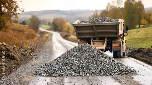 Obraz na płótnie Gravel pours from the back of a dump truck onto a rural road under repair w salonie