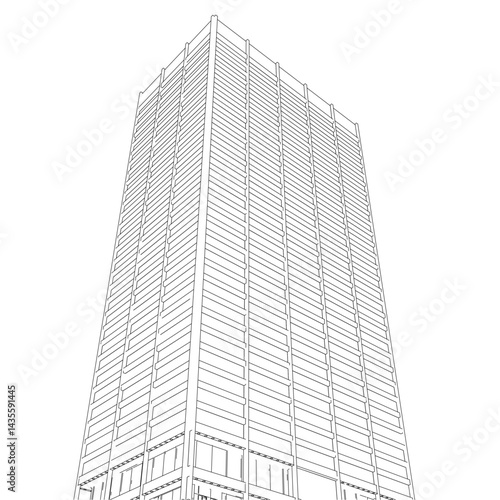 A tall building with many windows and a large glass facade. The building is very tall and has a modern design