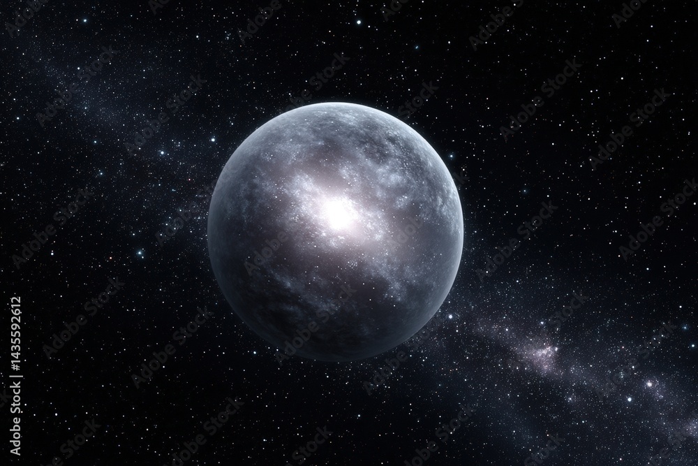 Fototapeta premium Isolated moonlike planet with strong light reflection and detailed surface curvature seen from side in pitch black space evoking loneliness distance and astrophysical symbolism