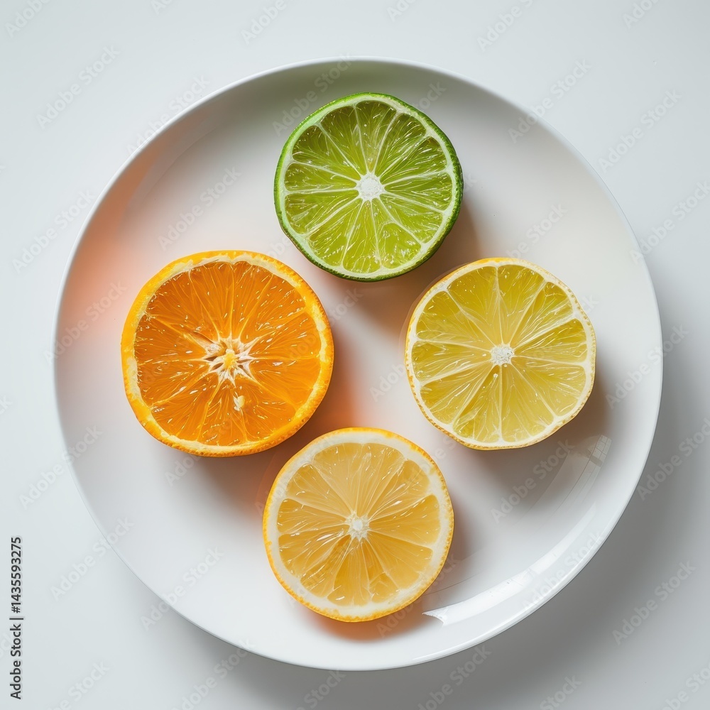 Four citrus slices arranged artfully on a white plate. Four citrus slices arranged artfully on a white plate.