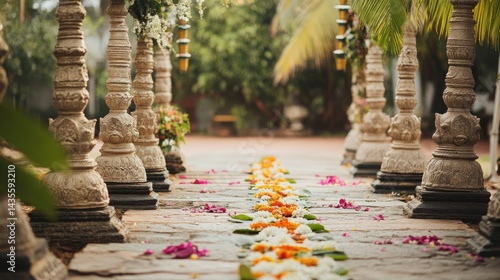 South Indian temple-style wedding decor with stone pillars, rangoli, and oil lamps