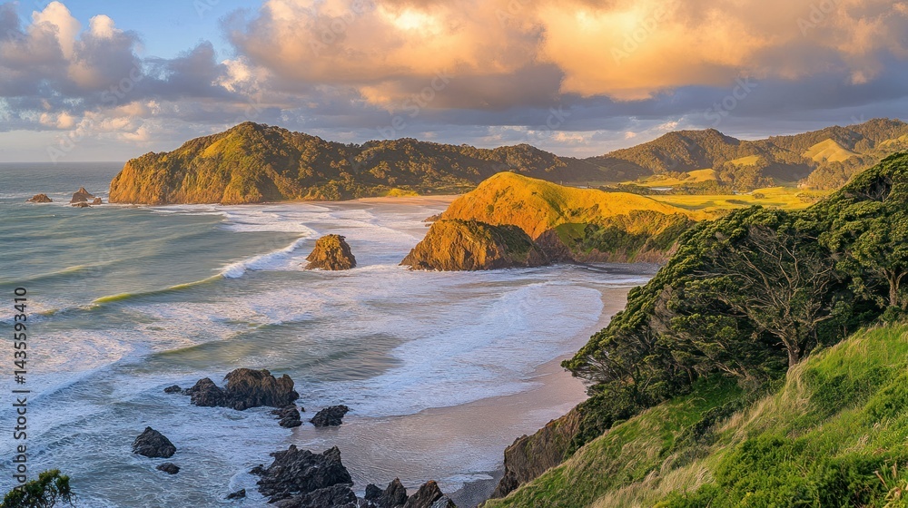 Obraz premium A beautiful scenic coastal landscape featuring mountains and ocean waves