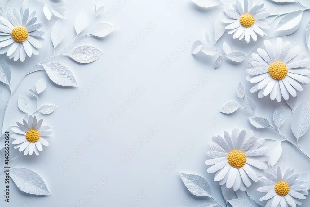 Obraz premium Delicate paper flowers and leaves create a light pastel design.