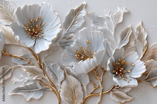 Abstract oil painting of flowers and leaves, with elegant white, gold, and silver tones, perfect for banners, posters, or wall hangings.