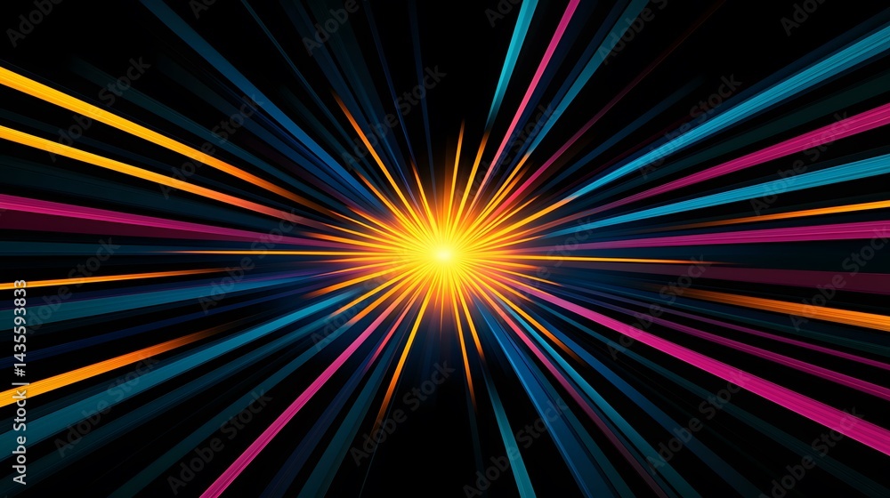 Fototapeta premium The image contains a burst of light, radiating from a bright yellow center. The light streaks are multicolored, primarily in shades of teal, pink, and orange, against a black background.
