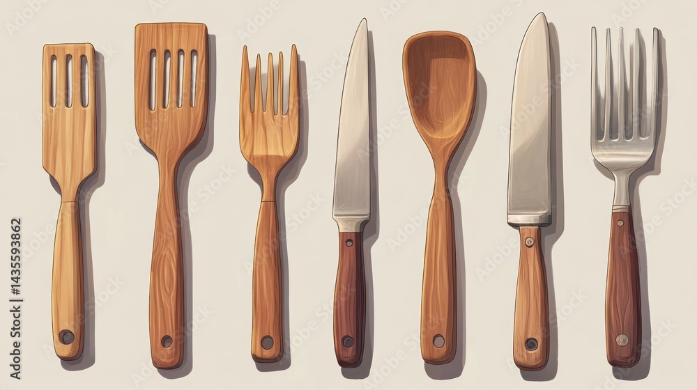 Assorted kitchen utensils with wooden handles Assorted kitchen utensils with wooden handles