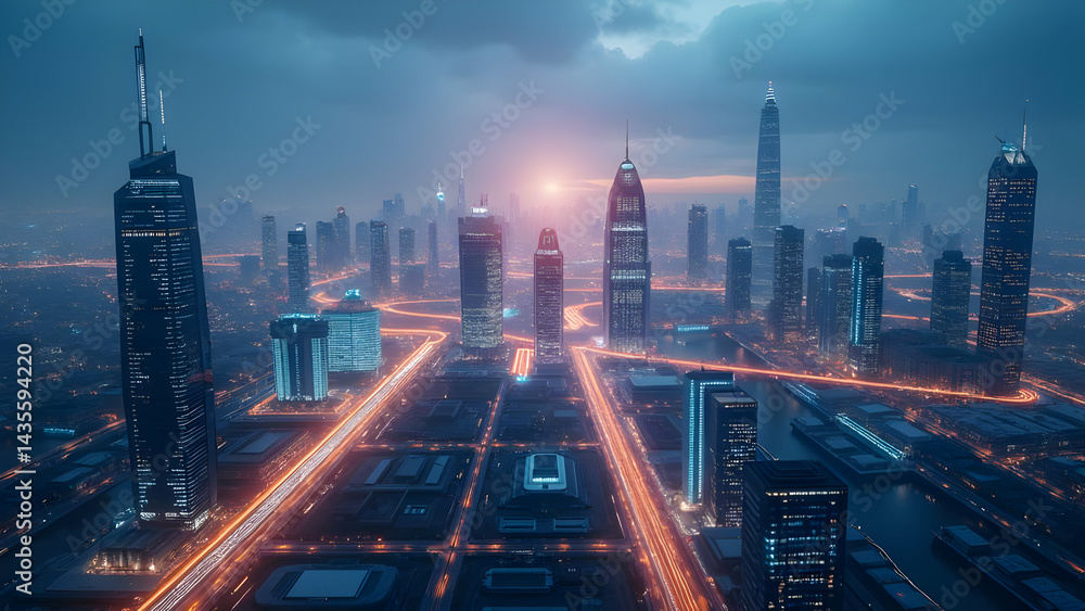 Obraz premium Modern City Skyline with Futuristic Hub and Glowing Global Pathways