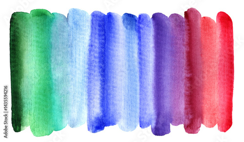 Bright colorful hand drawn watercolor stains abstract background. Multi colored striped gradient brush stroke. Vivid watercolour stripes texture. Painted aquarelle template, uneven artistic edge.