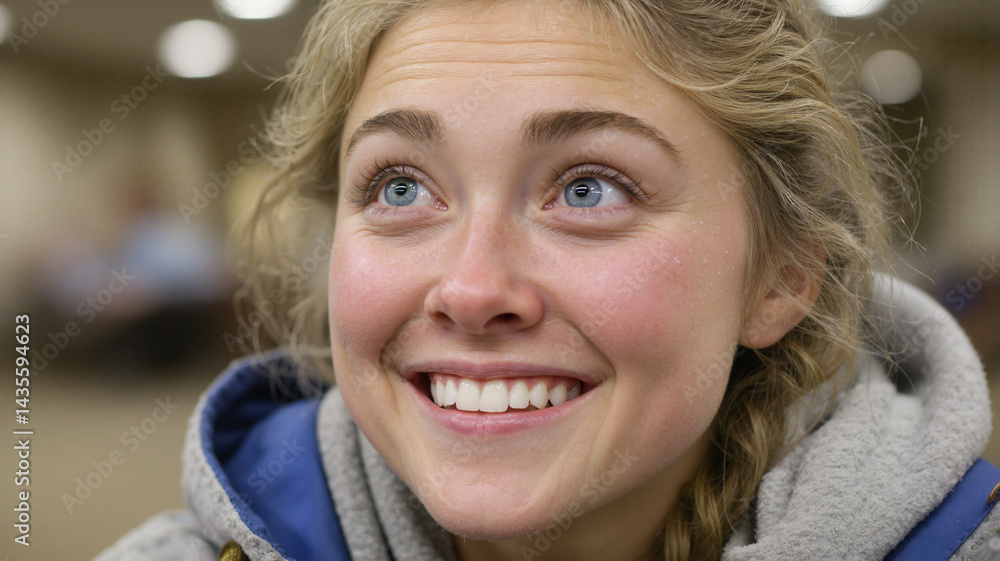 Smiling young woman expressing joy in a cozy indoor setting Smiling young woman expressing joy in a cozy indoor setting
