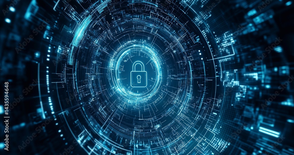 Abstract digital security background with a padlock symbol and a blue circular pattern, a vector illustration of a data protection technology concept. A large lock in the center on a dark, abstract, Abstract digital security background with a padlock symbol and a blue circular pattern, a vector illustration of a data protection technology concept. A large lock in the center on a dark, abstract,