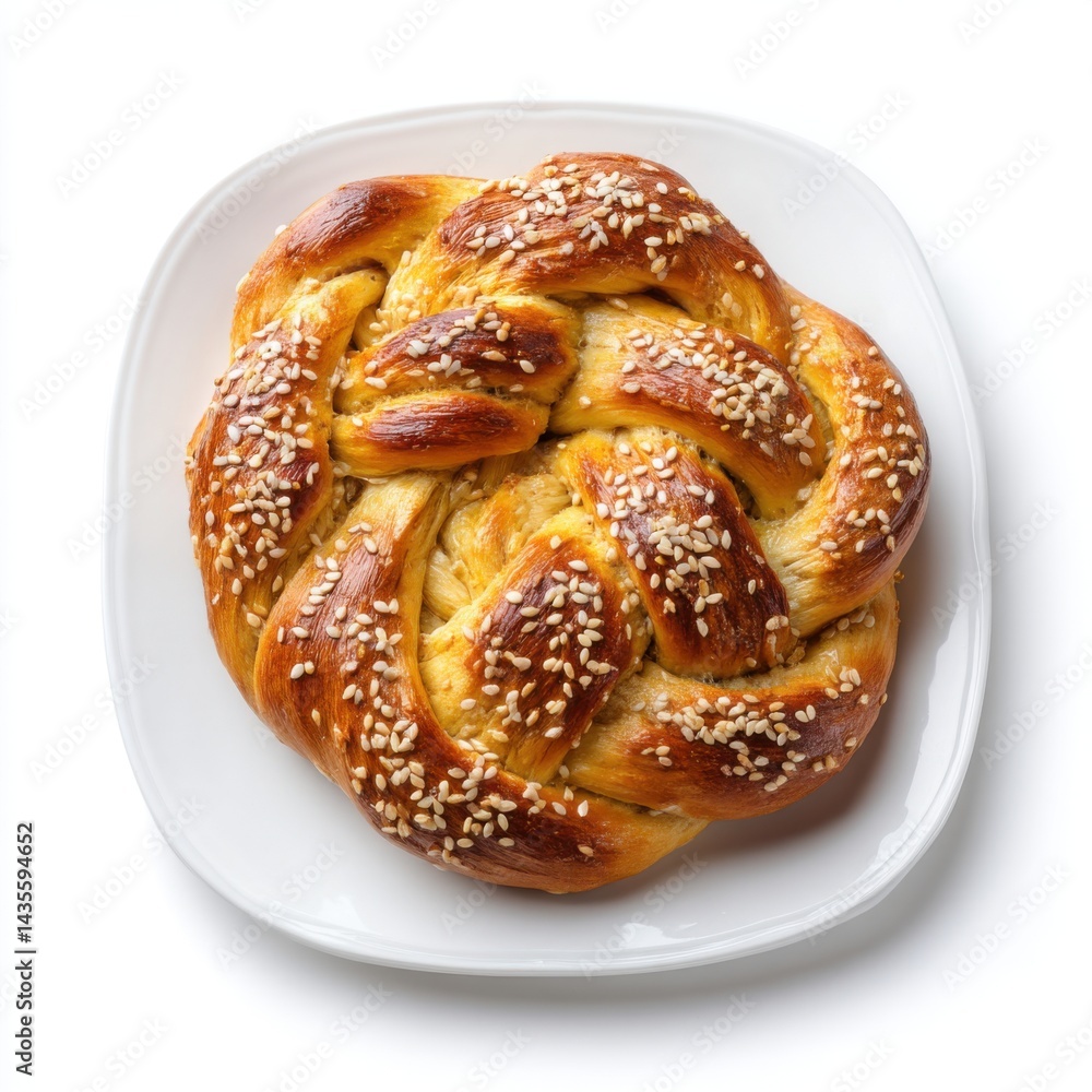 Armenian chorek braided sweet bread with sesame, golden crust, served on a white plate, isolated on white Armenian chorek braided sweet bread with sesame, golden crust, served on a white plate, isolated on white