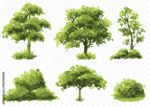 Collection of Watercolor Style Green Trees and Bushes