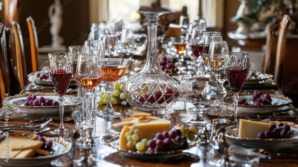 Naklejka premium elegant dinner party table setting with crystal and wine
