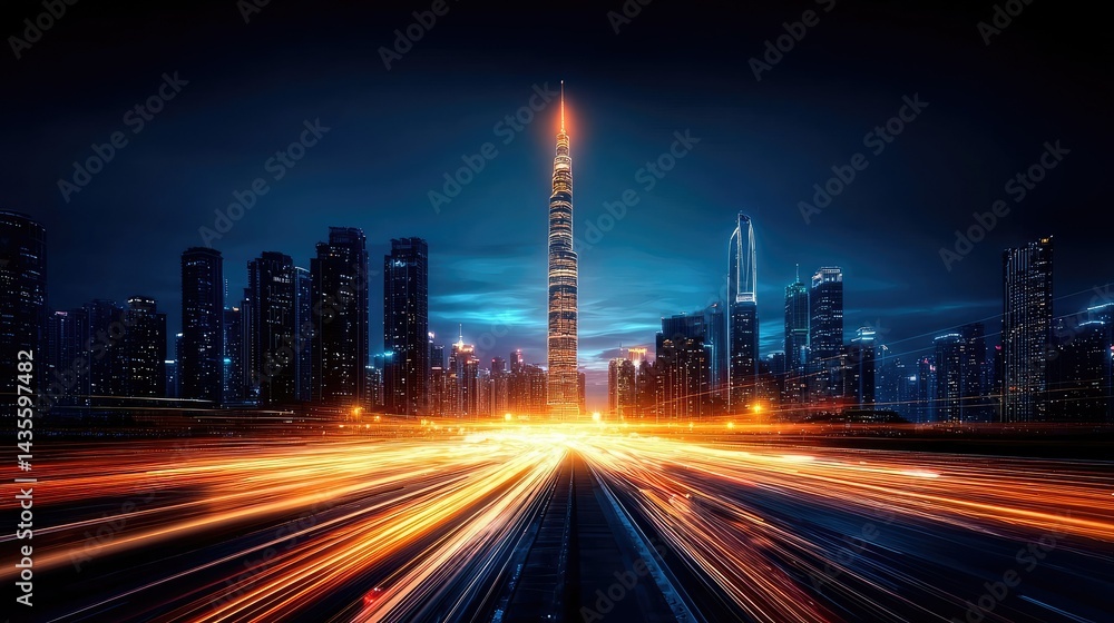 Fototapeta premium Night Cityscape: Skyscrapers and Light Trails