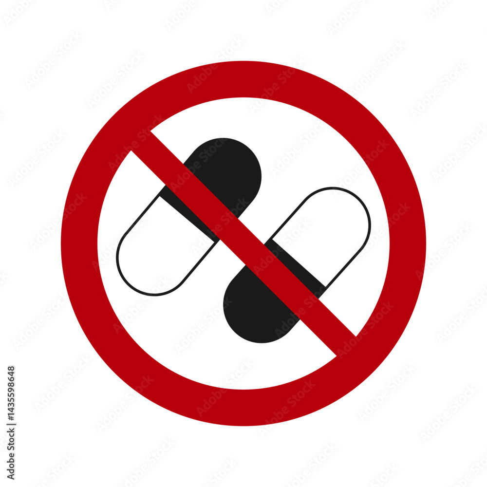 No pills allowed symbol. Flat vector prohibiton sign with two capsule pills in black and white, indicating that pills are not permitted