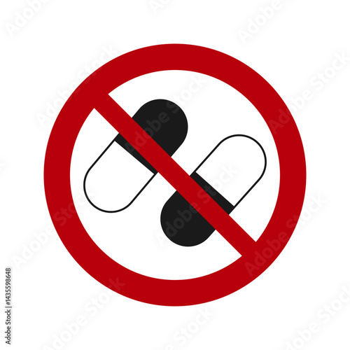 Obraz na płótnie No pills allowed symbol. Flat vector prohibiton sign with two capsule pills in black and white, indicating that pills are not permitted w salonie