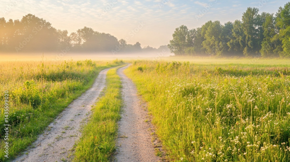 Naklejka premium A winding dirt path through a grassy field in fog