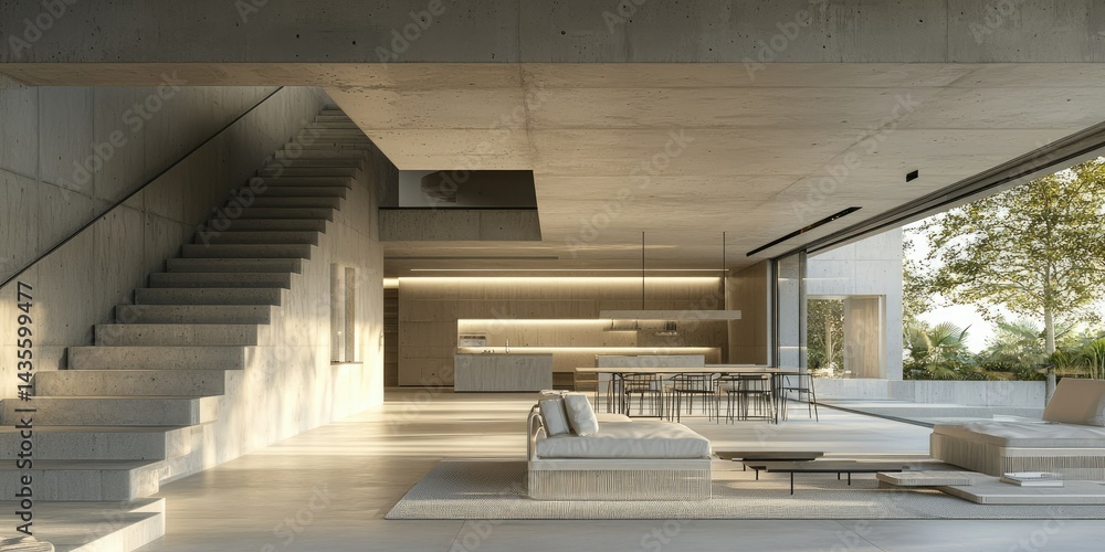 Fototapeta premium Minimalist brutalist concrete interior with an open space.