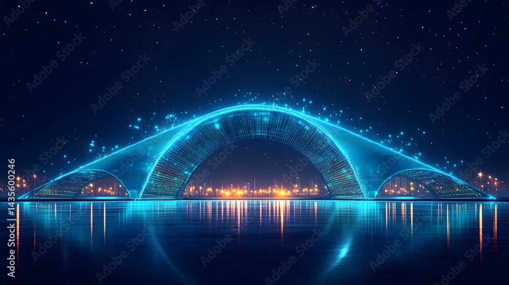Futuristic archway with vibrant blue light over water, city skyline reflecting in the dark blue water, and a starry sky create a magical, digital scene. Abstract wireframe in dark blue. Futuristic archway with vibrant blue light over water, city skyline reflecting in the dark blue water, and a starry sky create a magical, digital scene. Abstract wireframe in dark blue.