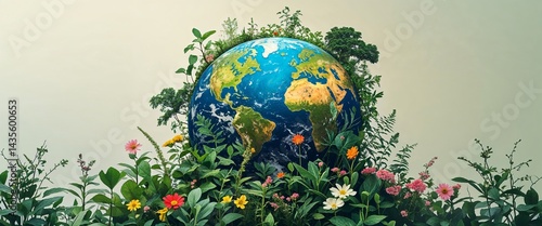 A lively Earth surrounded by plants, flowers, and trees, with wildlife and greenery growing around it, set against a pale, soft background. The bottom and right side of the image provide ample space f