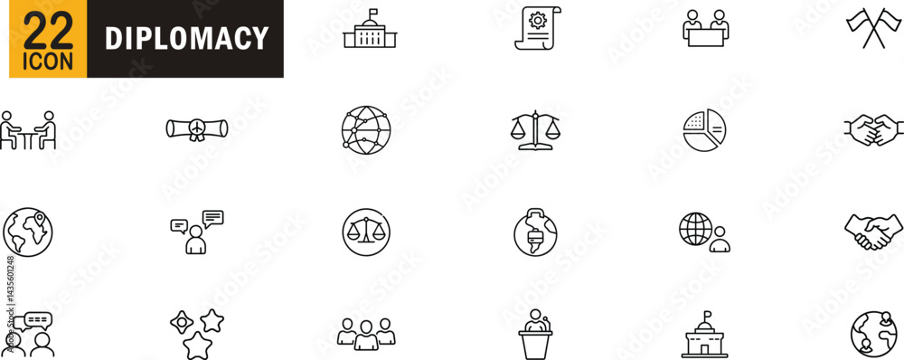Diplomacy editable outline icon set. Agreement negotiation embassy handshake communication treaty law and more. Diplomacy editable outline icon set. Agreement negotiation embassy handshake communication treaty law and more.