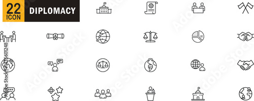 Diplomacy editable outline icon set. Agreement negotiation embassy handshake communication treaty law and more.
