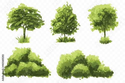 Collection of Watercolor Style Green Trees and Bushes