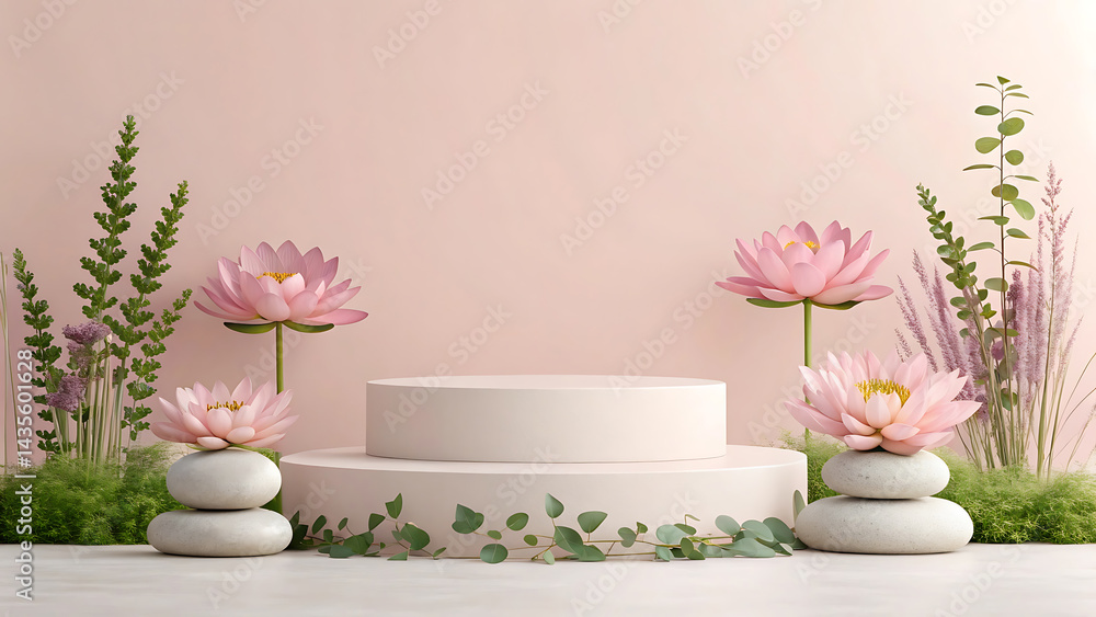 Serene Pink Lotus Flower and Stone Display on Minimalist Platform Serene Pink Lotus Flower and Stone Display on Minimalist Platform