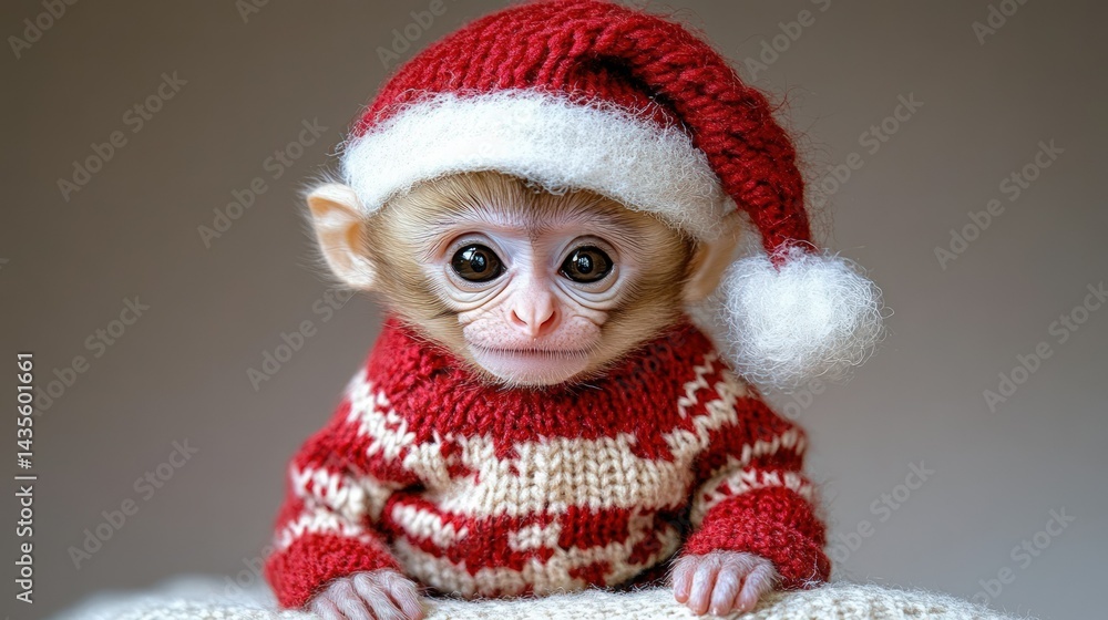 Christmas Capuchin A monkeys holiday portrait in red white knit Christmas Capuchin A monkeys holiday portrait in red white knit