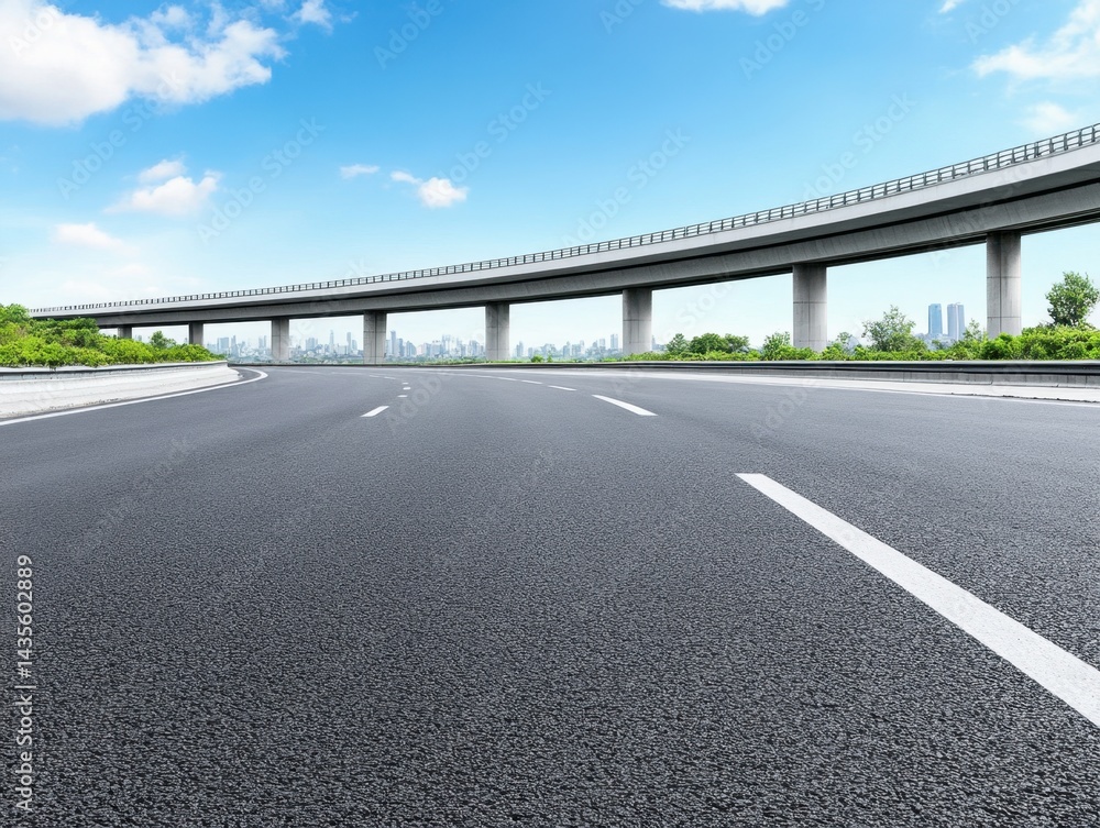 Naklejka premium Asphalt highway curves gently under elevated roadway, cityscape backdrop