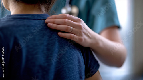 Social worker places a reassuring hand on a teenagers back during a close up moment of emotional vulnerability