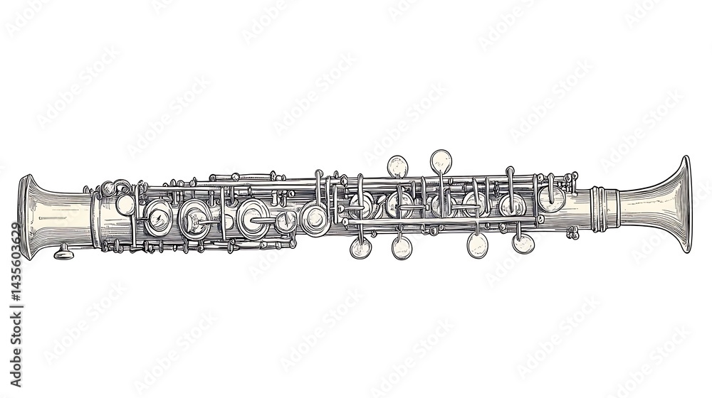 Fototapeta premium Detailed hand-drawn illustration of a silver woodwind instrument