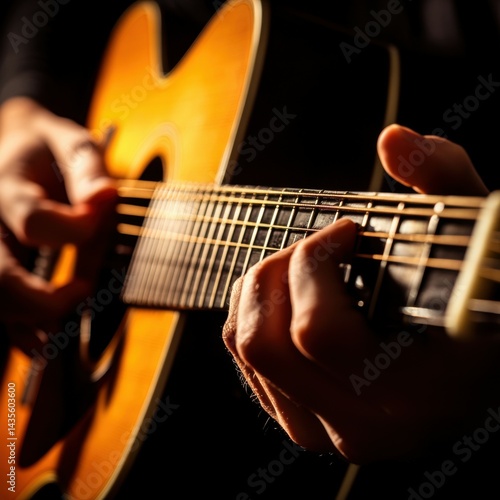 Close-up of hands playing acoustic guitar with focus on strings. Warm light enhances cozy atmosphere highlighting craftsmanship, musical passion. Image reflects love for music and creative expression